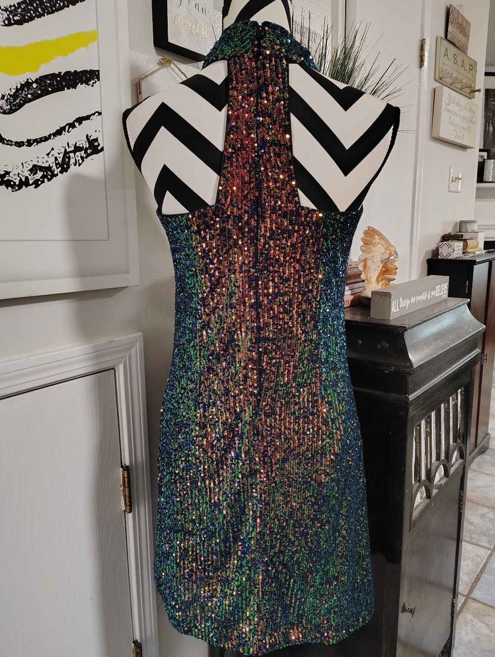 Caché Sequin Halter Mini Dress Iridescent Women's XS Mermaidcore Retro Stretch - Picture 6 of 9